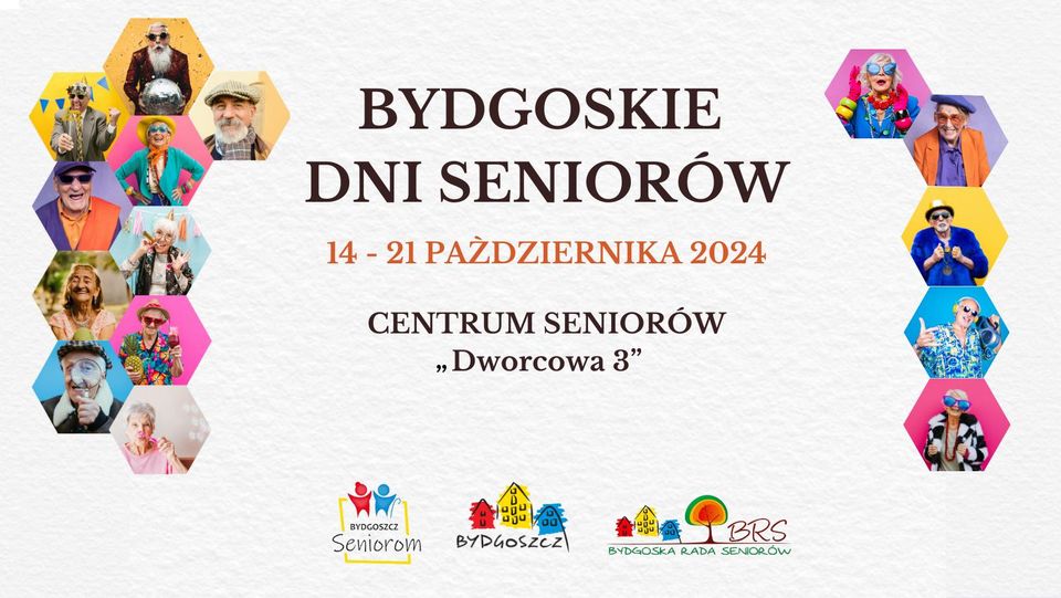 plakat z napisem Bydgoskie Dni seniorów oraz twarze starszych osób