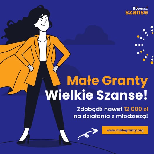 grafika- młoda dziewczyna z rozwianym płaszcze z rękoma na bi0drach - napis małe granty-wielkie szanse