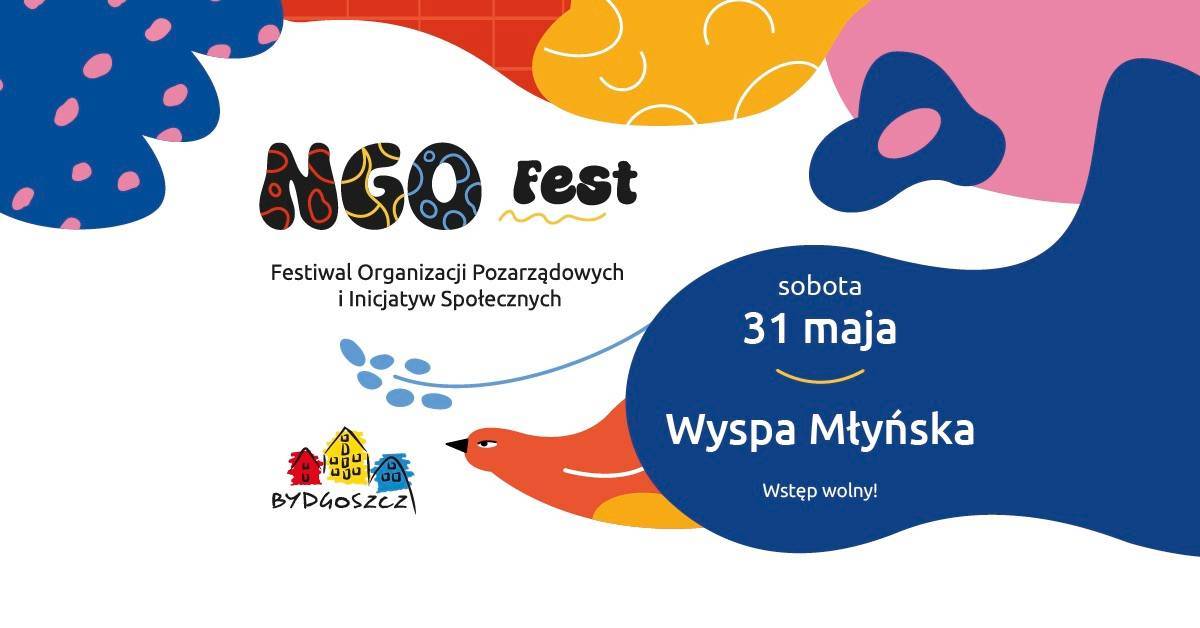 kolorowa grafika - NGO FEST, ptaszek i barwne chmury