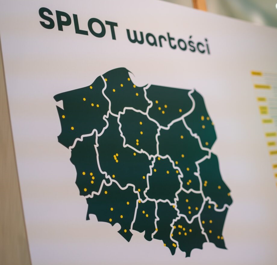 mapa Polski z podziałem na województwa i napis SPLOt wartości