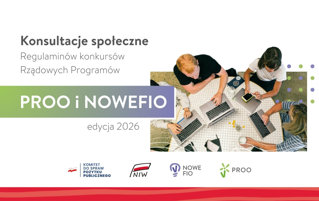 widok z góry na osoby siedzące przy laptopach . Napisy Konsultacje społeczne Proo , NOwe Fio