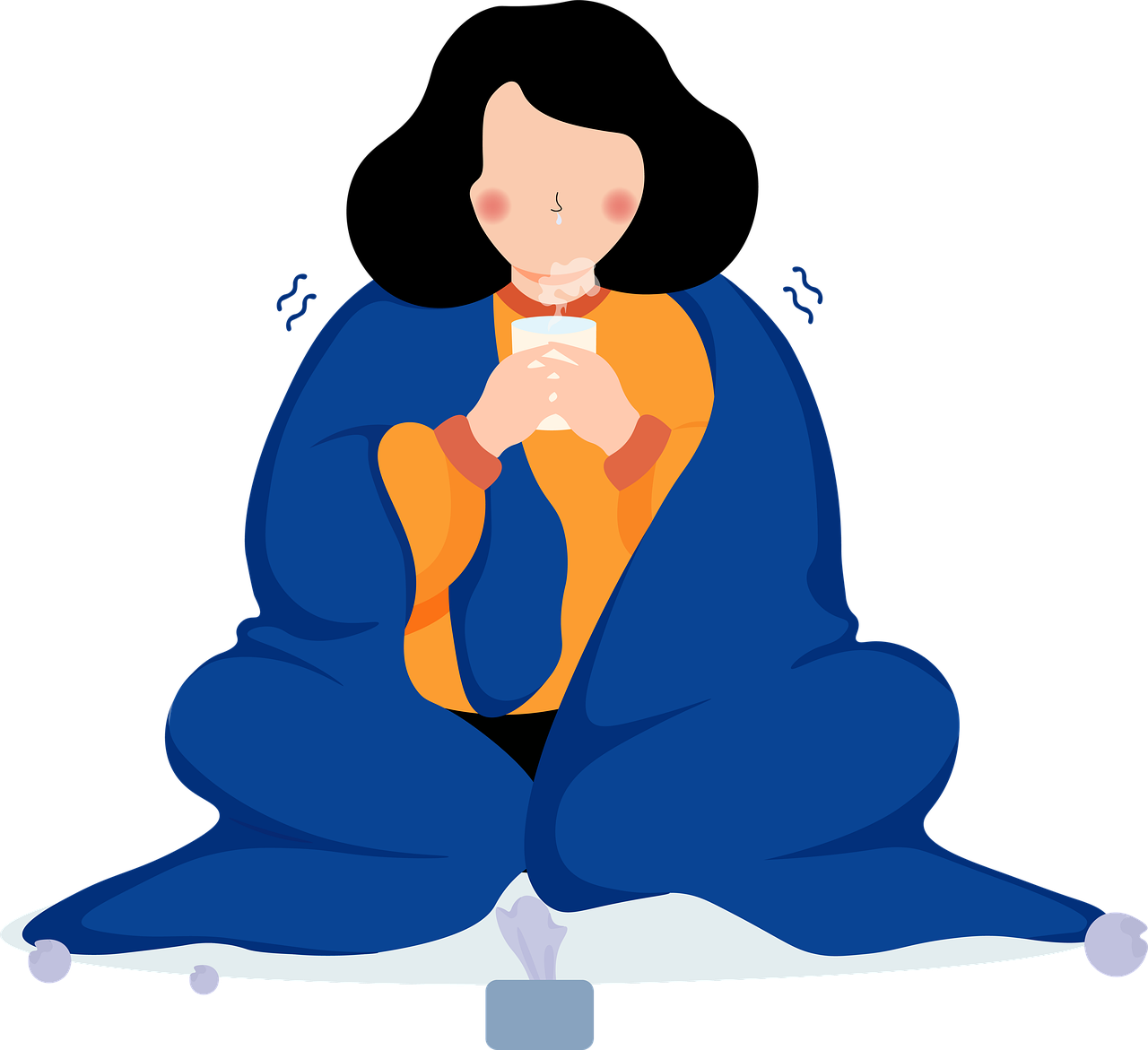 grafika- kobieta w kocu z kubkiem w dłoniach, wygląda na chorą