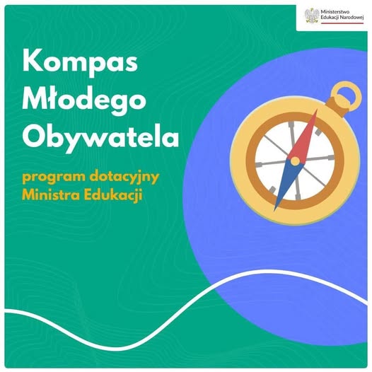 grafika- napis kompas młodego obywatela. Rysunek kompasu