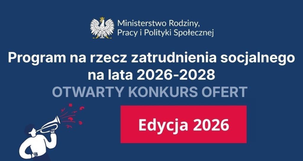 grafika- napis Program Na rzecz zatrudnienia socjalnego. Człowiek z megafonem