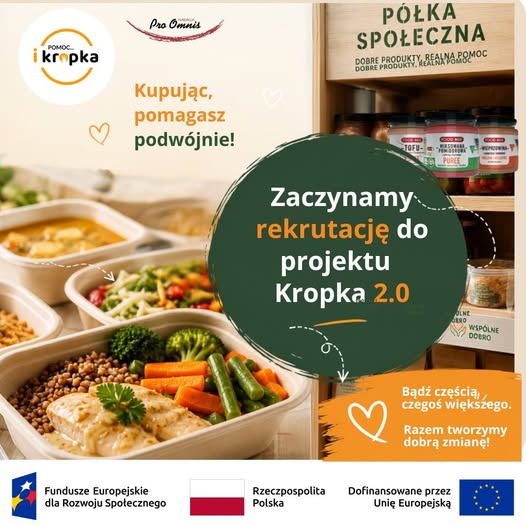 pojemniki cateringowe z posiłkami i informacja o rekrutacji do projektu Kropka